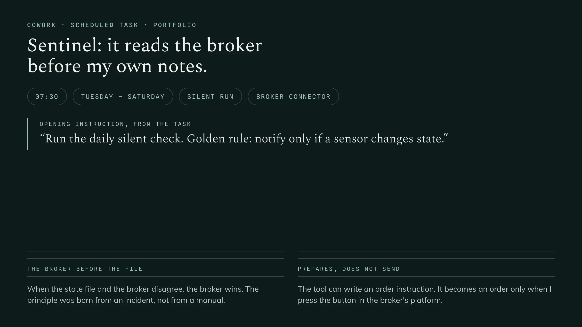Card of the scheduled task: the sentinel's time and days, the opening instruction with its golden rule, and the principle of the broker before the file.