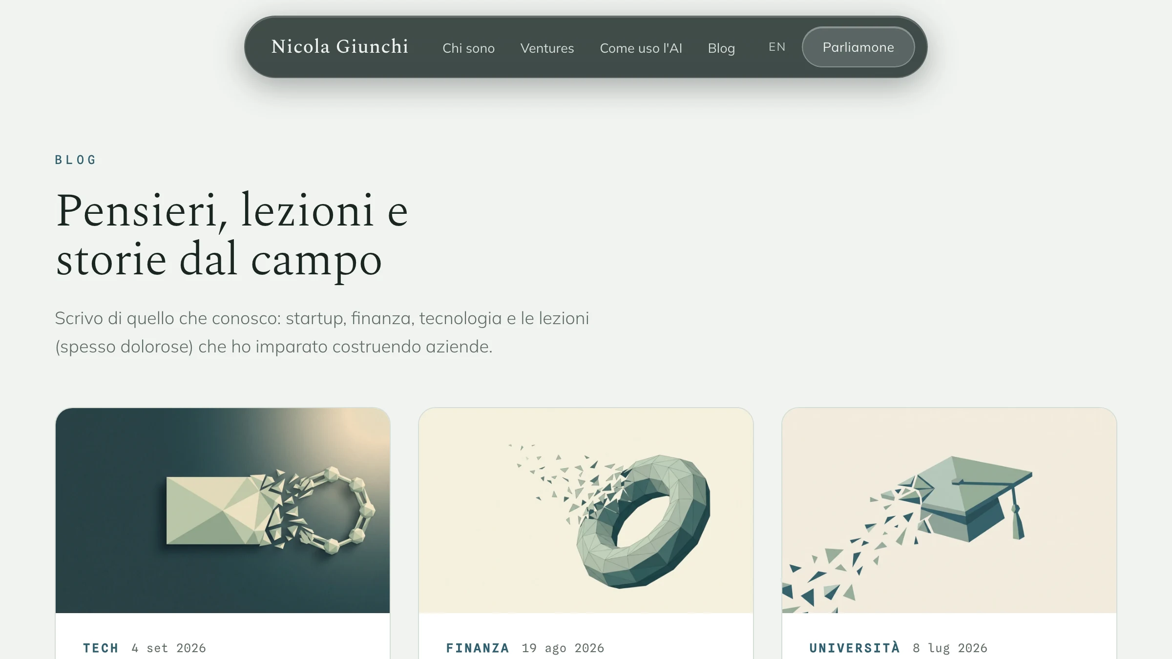 L'indice del blog dal vivo: la griglia degli articoli con le copertine generate dallo script, le categorie e le date.