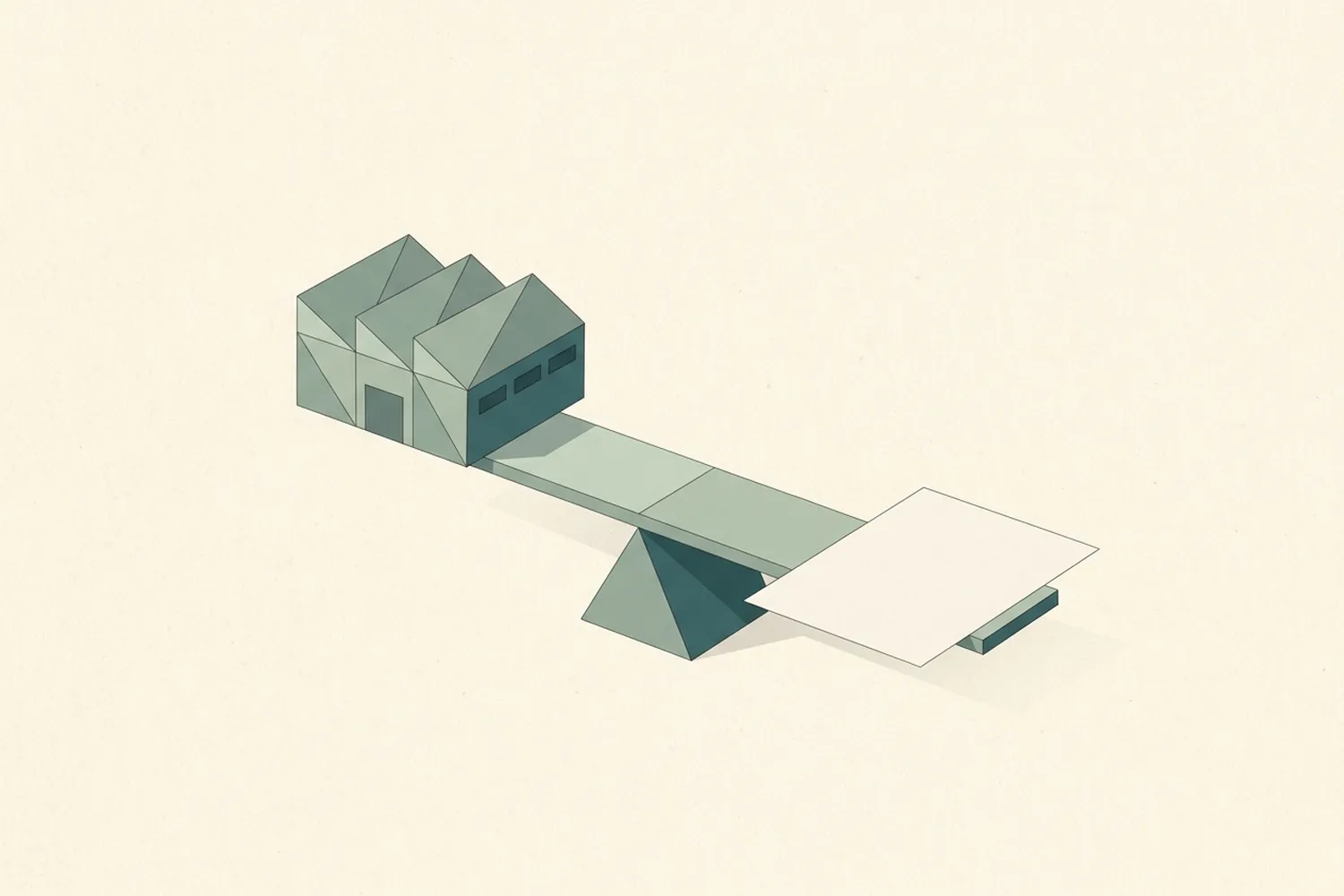 Illustrazione low-poly: un piccolo capannone industriale con il tetto a shed su un'estremità di un'altalena, sollevato in aria da un semplice foglio di carta posato sull'altra.