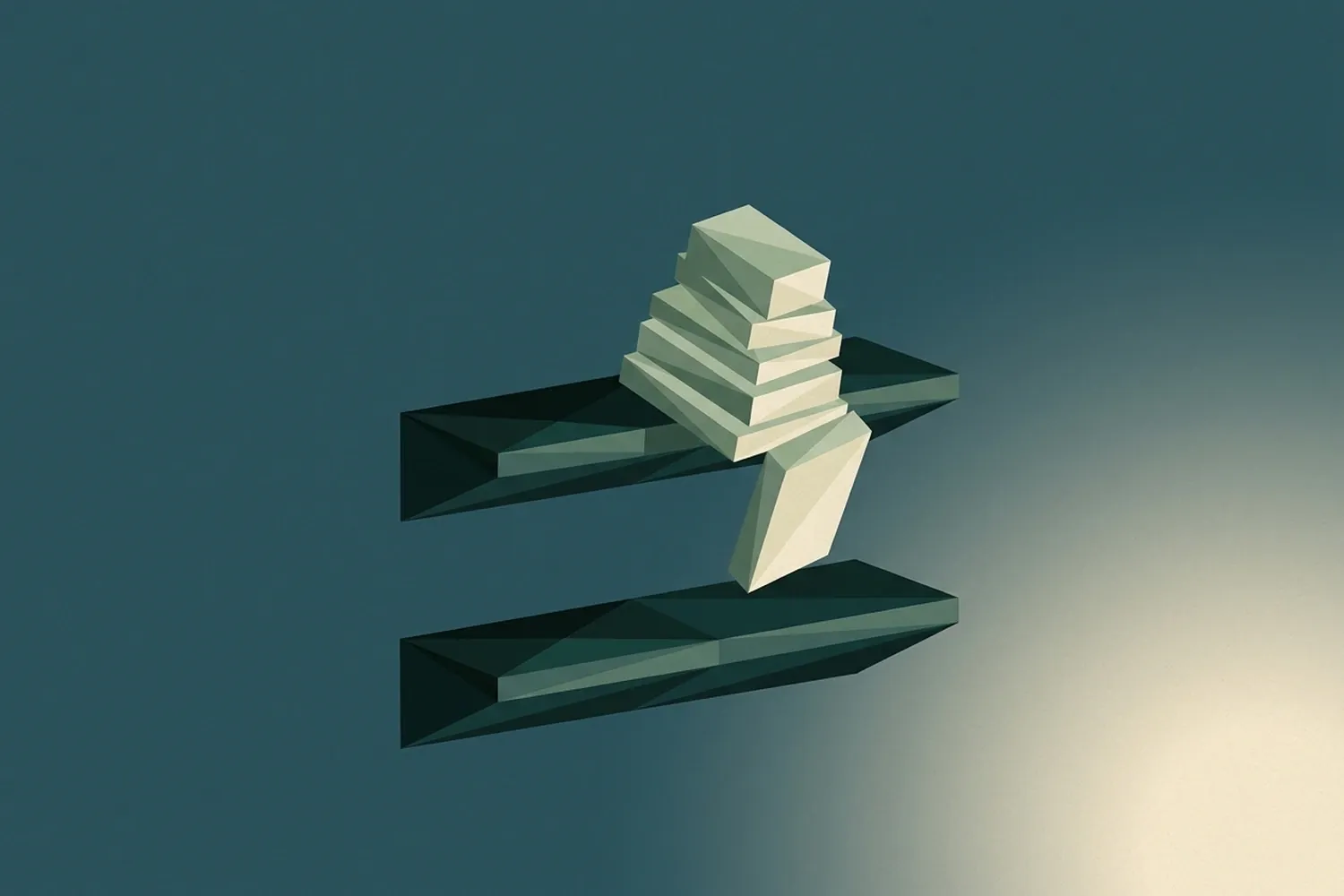 Illustrazione concettuale su fondo petrolio: un blocco di forme geometriche che scivola da una mensola a quella sottostante, lasciando la prima più vuota.
