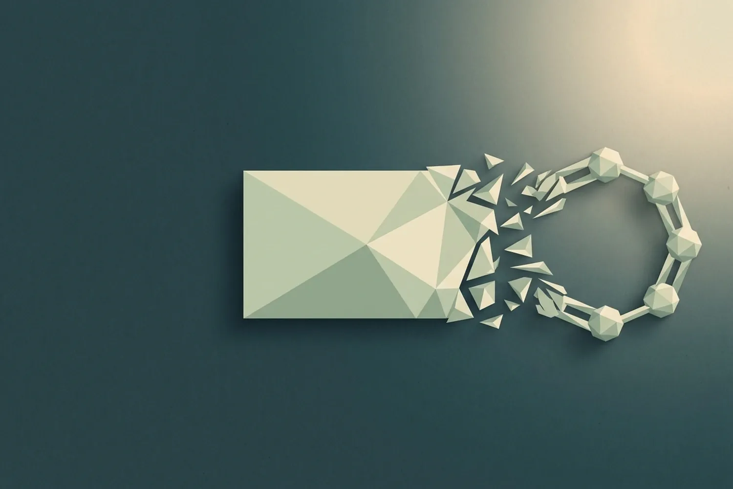 Illustrazione concettuale su fondo petrolio: una slide chiara si sfalda sul bordo destro in schegge geometriche che si ricompongono in un anello di nodi connessi, il passaggio dalla slide alla stanza delle decisioni.