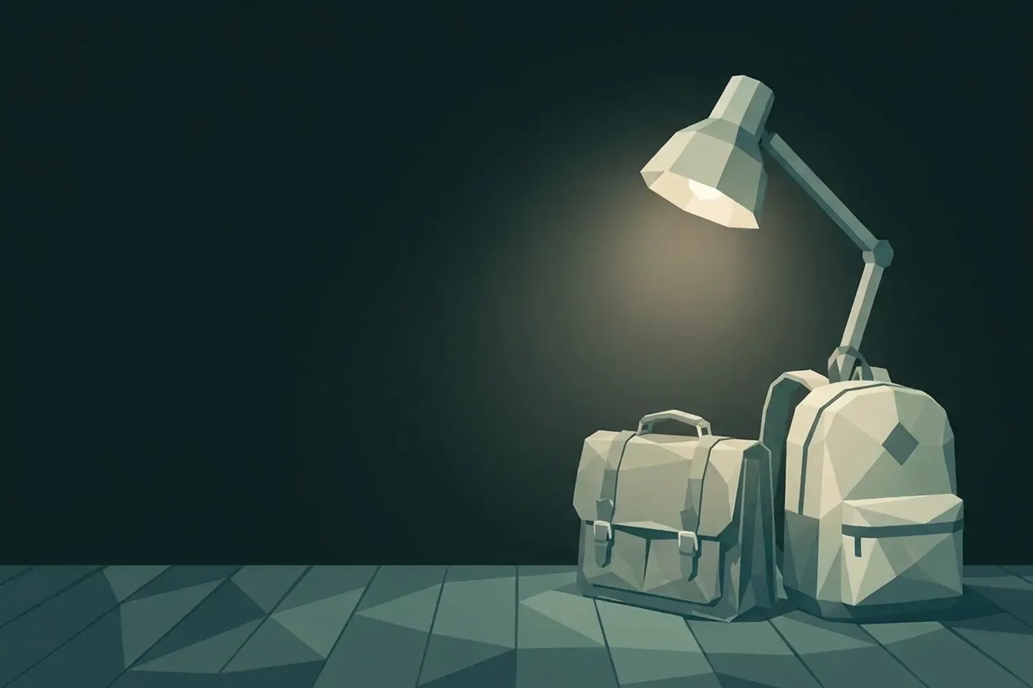 Illustrazione low-poly su fondo crema: una valigetta di pelle consumata e uno zaino di scuola nuovo, fianco a fianco su un pavimento di legno, sotto una lampada da lettura accesa.
