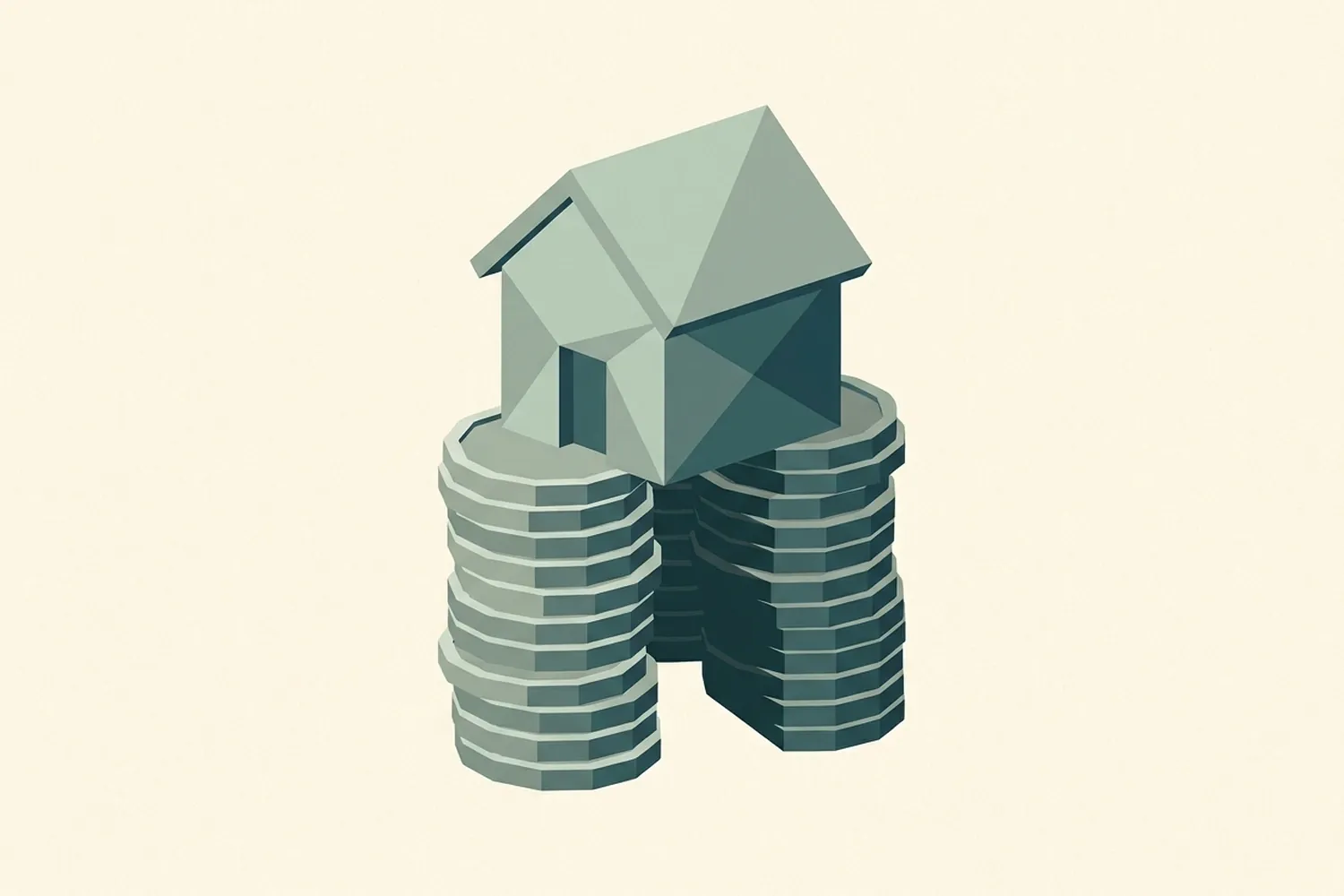 Illustrazione low-poly: una piccola casa in cima a una pila alta di monete, con una fetta della pila tagliata via e mancante sotto la casa.