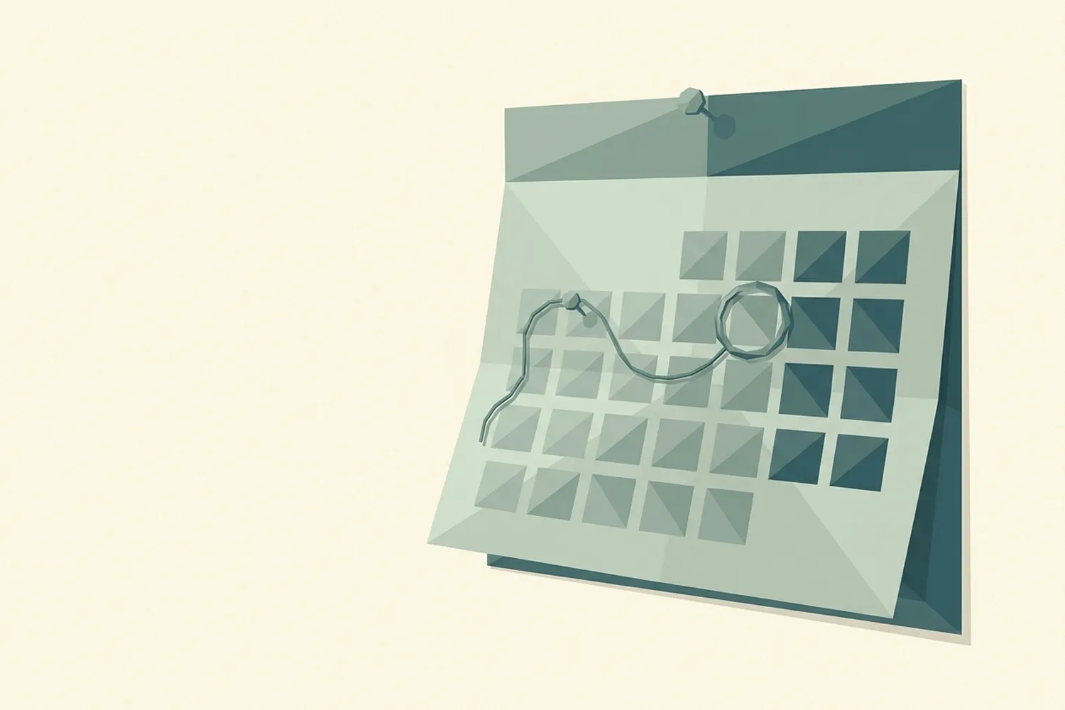 Illustrazione low-poly su fondo crema: un foglio di calendario appeso a una puntina, una data cerchiata e un filo che dalla data torna indietro sulla griglia dei giorni.
